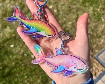 Holographic Whale Shark Pride Keychain: Rainbow & Transgender Flags