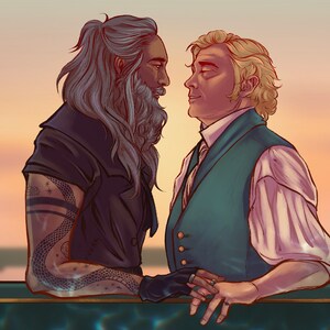 May include: Two people, one with a long gray beard and long gray hair, and the other with short blond hair, are standing close to each other and looking into each other's eyes. They are both wearing formal attire and are standing in front of a sunset.