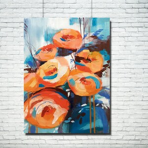 CANVAS PRINT orange blue turquoise floral abstract contemporary modern urban acrylic wall art home office decor Free shipping