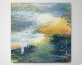 CANVAS PRINT square blue green yellow gray abstract landscape contemporary modern urban acrylic wall art home decor Free shipping USA