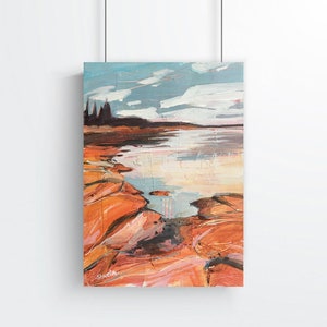 CANVAS PRINT orange blue white rocky beach shore coastal seascape contemporary modern acrylic wall art home décor Free shipping Shweta Patil