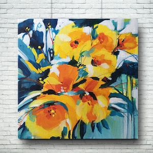 CANVAS PRINT yellow orange navy turquoise teal floral abstract contemporary modern urban acrylic wall art home decor Free shipping