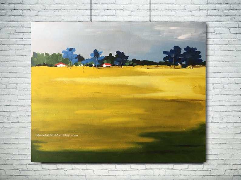 CANVAS PRINT Field Meadow green yellow blue landscape abstract contemporary modern urban acrylic wall art home decor Free shipping