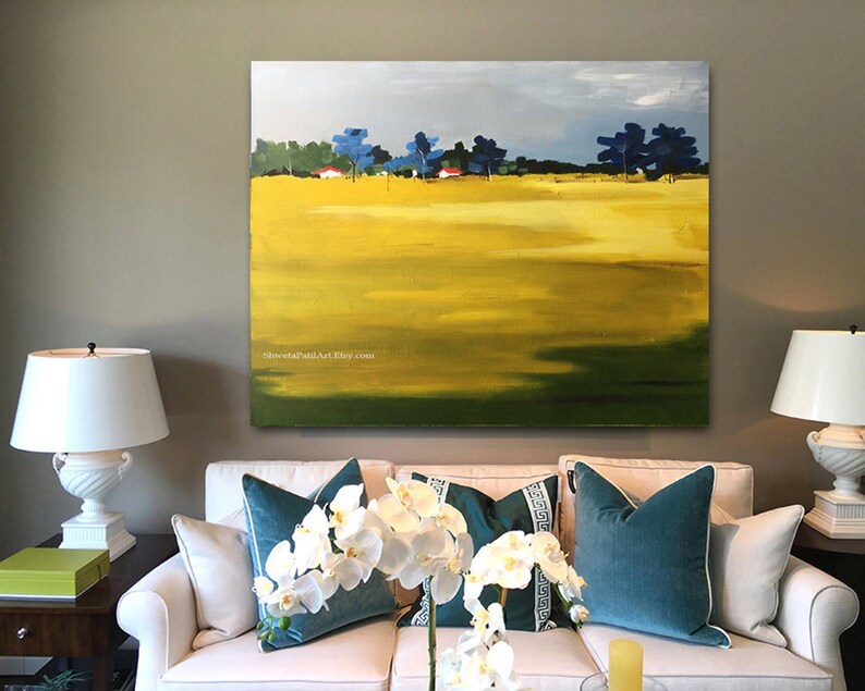 CANVAS PRINT Field Meadow green yellow blue landscape abstract contemporary modern urban acrylic wall art home decor Free shipping