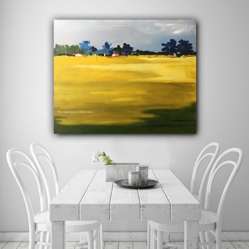 CANVAS PRINT Field Meadow green yellow blue landscape abstract contemporary modern urban acrylic wall art home decor Free shipping