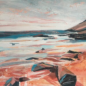CANVAS PRINT gray blue orange brown beach waves rocks coastal seascape contemporary modern acrylic wall art home decor Free shipping