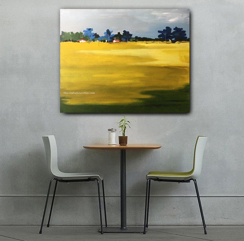 CANVAS PRINT Field Meadow green yellow blue landscape abstract contemporary modern urban acrylic wall art home decor Free shipping