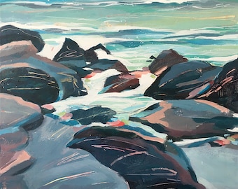 CANVAS PRINT teal blue gray turquoise white shore waves rocks coastal seascape contemporary modern acrylic wall art home décor Free shipping
