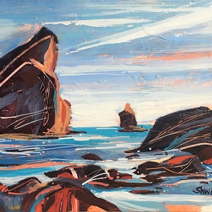 CANVAS PRINT blue purple orange red beach shore waves rocks coastal seascape contemporary modern acrylic wall art home décor Free shipping