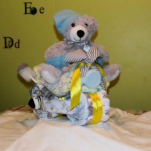Tricycle Diaper Cake, Handmade Crochet Afghan, Newborn Gift, Baby Shower Gift, Unisex Diaper Cake, Bicycle Diaper Cake, Unique Diaper Cakes