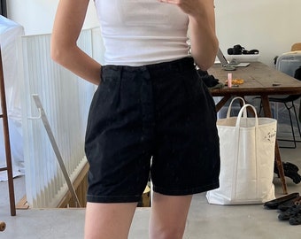The Monaco Shorts | Vintage 26 27 28 29 30 31 32 33 34 Waist Black Cotton Pleated Shorts | Unisex Button Fly High Rise Workwear Pleats Chino
