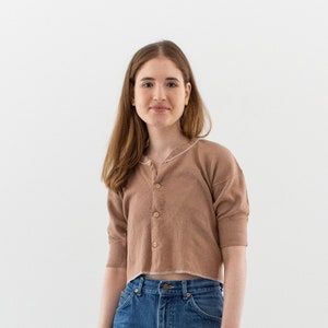 Vintage Ballet Pink Button Up Crop Thermal Shirt | Rib Knit Picot Edging | Cotton Undershirt | XS S | PT02