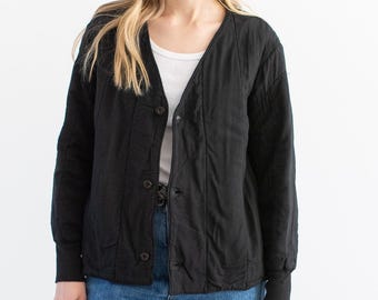 Vintage overdye zwart katoenen quiltjack | Europese uniseks puffer met V-hals | ML | CC026