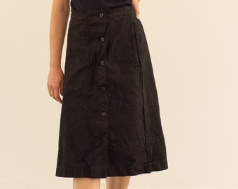 Vintage 23 24 25 26 27 28 29 30 Waist Black Cotton Canvas Off Center Button Front Skirt | XXS XS S M