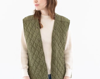 Vintage Green Diamond Quilt Cotton Vest | Unisex Sleeveless Liner Jacket | M |