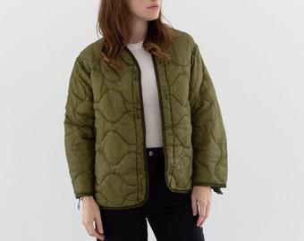 Vintage Green Liner Jacket | Unisex Wavy Quilted Nylon Coat | S | LI206