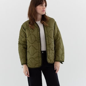 Vintage Green Liner Jacket Unisex Wavy Quilted Nylon Coat S LI206 image 1