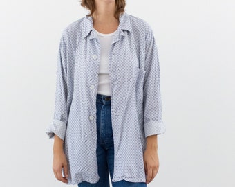Vintage 60s White Light Blue Plaid Pattern Pajama Shirt Jacket | Unisex Cotton Summer top Tunic | L XL |
