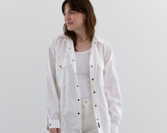 Vintage White Simple Oxford Snap Shirt | 90s Cotton Work Blouse | M |
