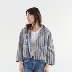 Vintage Green Blue Red Flannel Striped Crop Shirt Jacket | Unisex Stripe Cotton Pajama Chore | L | SCJ016