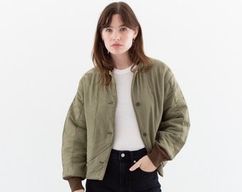 Vintage Olive Green Cotton Quilt Jacket | Sun Faded Puffer Coat | Unisex Euro Liner | S | CC018