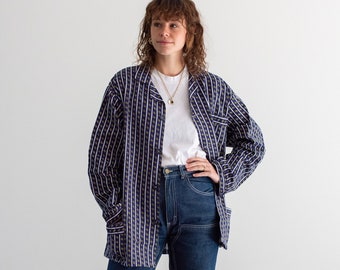 Vintage Navy Blue Patterned Striped Shirt Jacket | Unisex Flannel Stripe Cotton Pajama Chore Shop | S M | SJ029