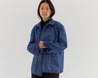 Vintage Blue Sun Faded Chore Jacket | Unisex Herringbone Twill Cotton Utility Work Coat | L | FJ033