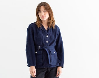 veste vintage avec ceinture en moleskine bleu véritable | Utilitaire unisexe en coton | Fabriqué aux Pays-Bas | P M L |