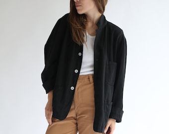 Veste de travail classique noire surteintée vintage | Blazer carré unisexe à trois poches en coton, style workwear français, manteau de travail utilitaire, XS S M