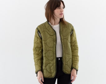 Vintage Green Liner Jacket | Unisex Wavy Quilted Nylon Coat | XS S | LI202