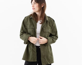 Vintage Olive Green Herringbone Twill Army Jacket | Dutch Unisex HBT Painter Cotton Button Up | L |