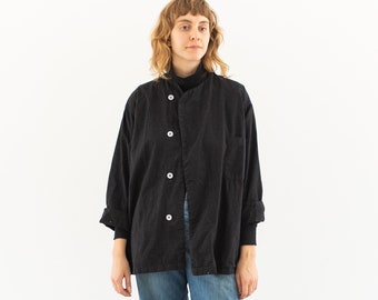 Vintage Black Side Button Artist Smock Jacket | 50s Overdye Cotton Shirt | Made in USA | M L XL