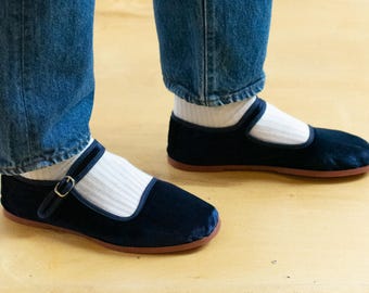 Marineblauwe fluwelen Mary Janes gemaakt in China | Studioschoenen 35 36 37 38 39 40 41