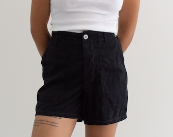 Short utilitaire noir vintage | Bouton unisexe [Fermeture éclair] Braguette en coton, taille haute Fabriqué aux États-Unis | 24 25 26 27 28 29 30 31 32 33 34 35 36 38 40 Tour de taille