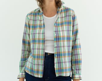 Vintage 80s Blue Yellow Green Rainbow Plaid Button Down Blouse | Made in USA | Summer Shirt | XS |