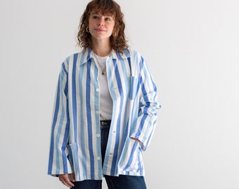 Vintage Blue White Striped Shirt Jacket | Unisex Flannel Stripe Cotton Pajama Chore Shop | L | SJ027