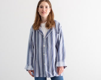 Vintage Blue White Striped Shirt Jacket | Unisex Flannel Stripe Cotton Pajama Chore shirt | M | SJ030