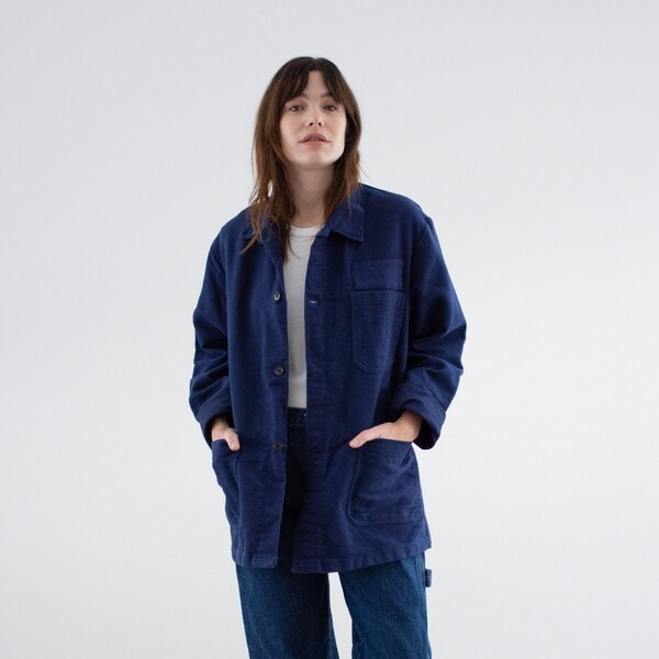 Vintage Dark Rich Blue Chore Coat | Navy Unisex Cotton Moleskin Utility Work Jacket | Made in Italy | M | IT498