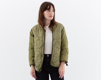 Vintage Celery Green Liner Jacket | Unisex Wavy Quilted Nylon Coat | XS S | LI201