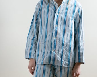 FINAL SALE Vintage Blue White Tan Stripe Shirt Jacket Pant Set | Unisex European Flannel Stripe Cotton Pajamas Jammies PJs Pyjama | S M | PJ