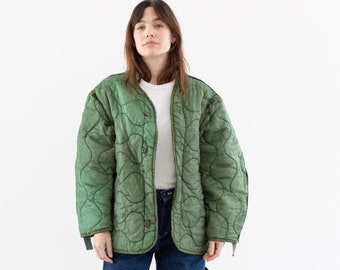 Vintage Green Liner Jacket | Unisex Wavy Quilted Nylon Coat | L XL | LI217