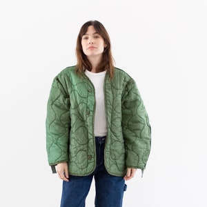 Vintage Green Liner Jacket Unisex Wavy Quilted Nylon Coat L XL LI217 image 1