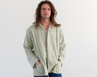 Vintage Green White Patterned Shirt Jacket | Unisex Stripe Cotton Pajama Chore shirt | L | SJ003