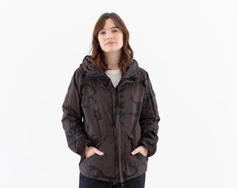 Vintage Brown Black Overdye Camo Hood Jacket | Unisex Zip Up Coat | Camouflage Hiking | S |