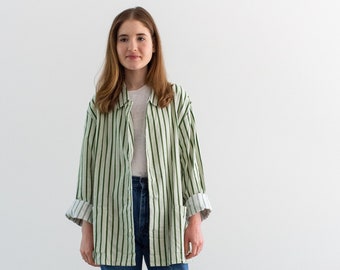 Vintage Green White Striped Shirt Jacket | Unisex Flannel Stripe Cotton Pajama Chore shirt | M | SJ007