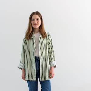 Vintage Green White Striped Shirt Jacket | Unisex Flannel Stripe Cotton Pajama Chore shirt | M | SJ007