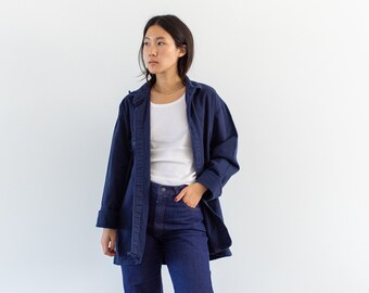 Vintage Navy Blue Long Sleeve Shirt Jacket | Unisex Simple Cotton Heavy Work Blouse | L |
