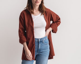 The Artist Tunic in Brick Red | Vintage Overdye Button Up Shirt | Cotton Simple Blouse | M L |