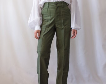 Vintage 25 Waist Army High Waist Pants | OG 107 | 100 Cotton Utility Army Fatigues | Green Fatigue Slim Trouser | Made in USA