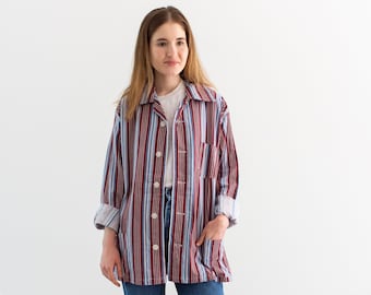 Vintage Burgundy Blue Striped Shirt Jacket | Unisex Flannel Stripe Cotton Pajama Chore shirt | M L | SJ006